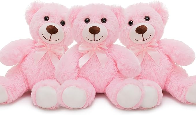 MorisMos 3Pcs Teddy Bears Bulk Baby Shower, 14inch Cute Teddy Bear Stuffed Animals Plush, Small Stuffed Bears on Centerpiece Baby Shower, Pink