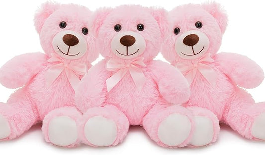 MorisMos 3Pcs Teddy Bears Bulk Baby Shower, 14inch Cute Teddy Bear Stuffed Animals Plush, Small Stuffed Bears on Centerpiece Baby Shower, Pink