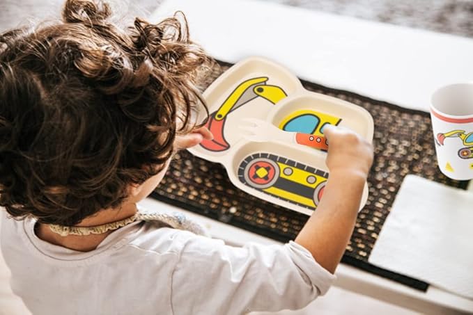 Kids Plates Set, Included Plate Fork and Spoon 9-Piece Set - Toddler Plates Dinnerware Dinner Dish Set Baby Feeding Divided Plate - Child Portion Control Trays (Excavator+Bulldozer+Hook Truck)