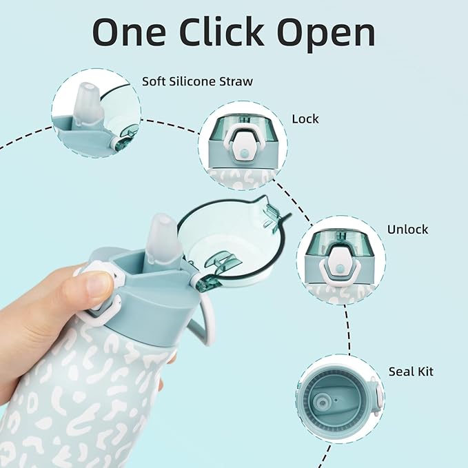 BJPKPK Water Bottle with Straw 25oz Insulated Water Bottles Reusable Stainless Steel Metal Thermal Flask with Leak Proof Lockable Lid and Carry Handle,Light Blue Leopard