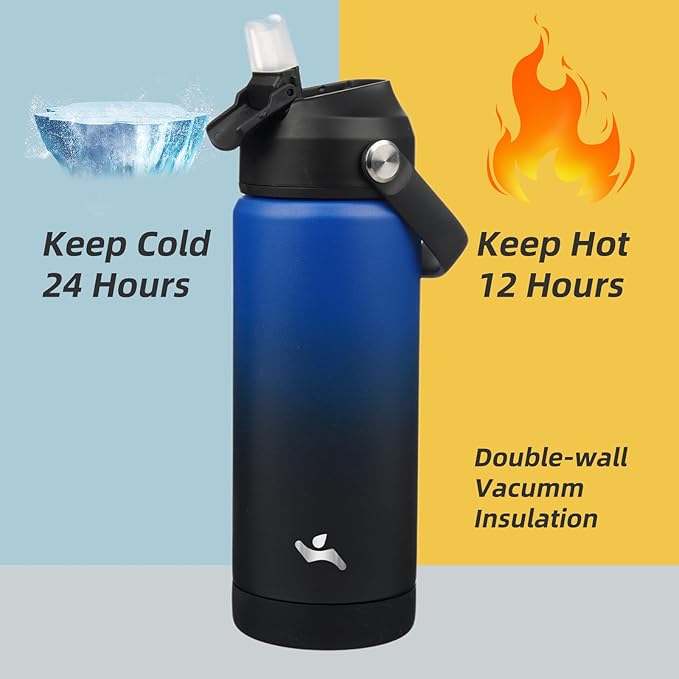 Insulated Water Bottle with Straw Lid,18 oz Stainless Steel Vacuum Metal Bottle with Silicone Handle,Black Blue