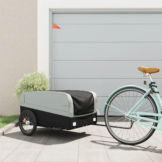 Bike Trailer Bicycle Cargo Trailer, Bike Wagon Trailer, Bike Cart with Safety Flag, Black and Gray 99.2 lb Iron, 53.9"x27.2"x23.2"