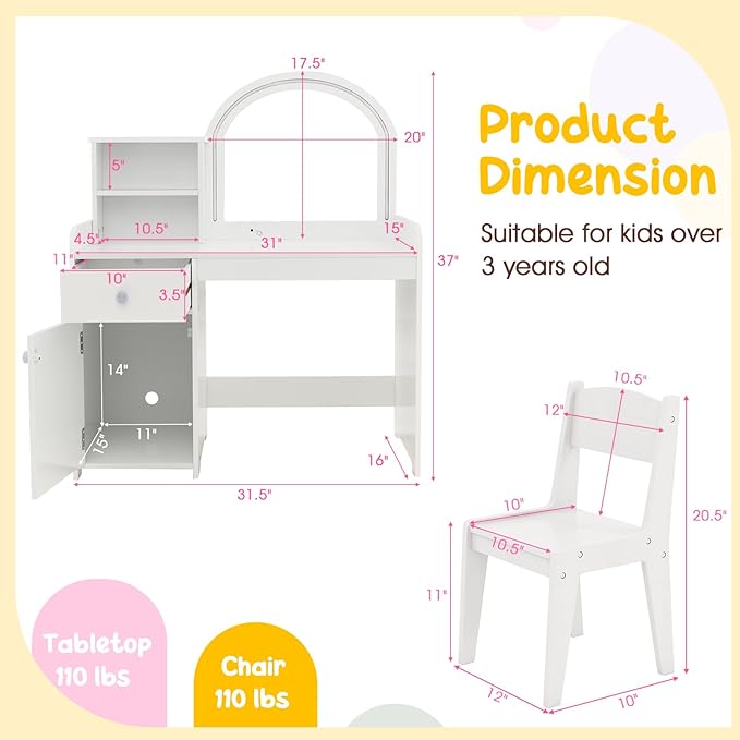 Costzon Kids Vanity with Lights, 2 in 1 Princess Makeup Desk & Chair Set with Lighted Mirror, Drawer, Storage Shelves & Cabinet, Toddler Dressing Table, Vanity Set for Little Girls, White