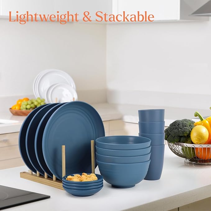 Wrova Wheat straw plates and bowls sets of 16 - Unbreakable wheat straw dinnerware sets for camping - Alternative plastic dinnerware set service for 4 - Microwave safe and Dishwasher safe bowls. Blue