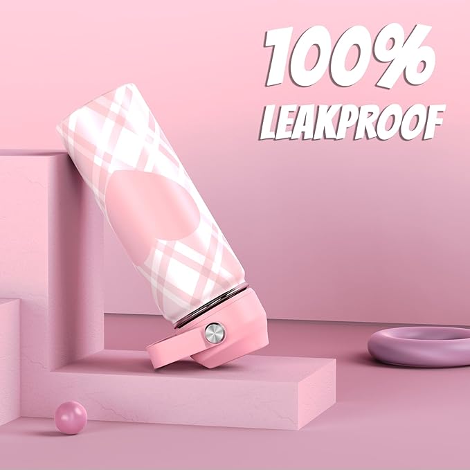 18oz Kids Insulated Water Bottle with Straw Lid - 18/8 Stainless Steel Kid Cup Travel Tumbler Double Wall Vacuum Leak Proof Portable Toddler Water Bottle (Plaid Pink+Green）