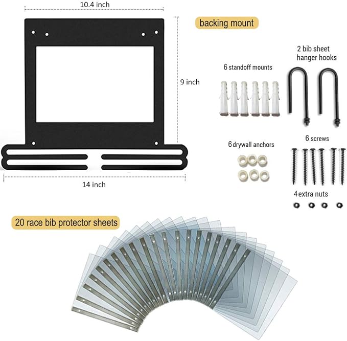 Jolitac Sports Medal Awards Display Rack Wall Mounted Marathon Medals Hanger Holder for 60+ Medals 100 Runner Race Bibs 20 Bibs Flip Vinyl Sleeves
