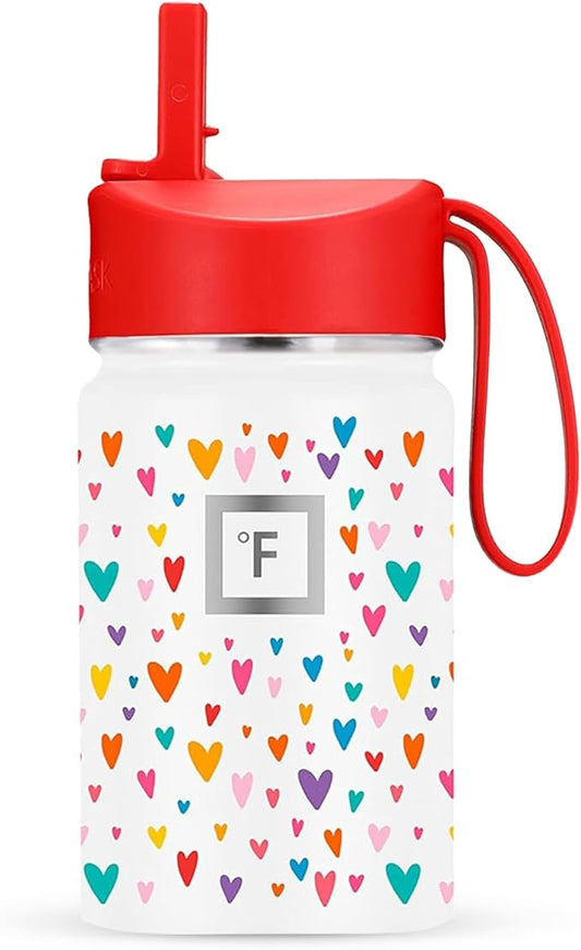 IRON °FLASK Kids Water Bottle - Straw Lid, 20 Name Stickers, Vacuum Insulated Stainless Steel, Double Walled Tumbler Travel Cup, Mug - Rainbow Hearts, 10 Oz