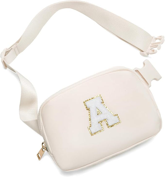 Gitus Birthday Gifts for 8 9 10 11 12 13 Year Old Girls Personalized Fanny Pack Crossbody Bags with Initial Letter Patch Belt Bag for Teen Girls Cute Trendy Stuff Travel Essentials (Ivory-A)