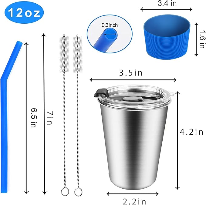 ShineMe Kids Cups with Straws and Lids, 12oz Spill Proof Toddle Straw Cups with Sleeves, Reusable Water Tumbler for Cold & Hot Drinks, Stainless Steel Sippy Cup 6 Pack