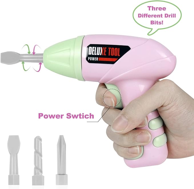 Pink Kids Tool Set (18 PCS) Pretend Play Construction Kit with Tool Box & Manual Drill