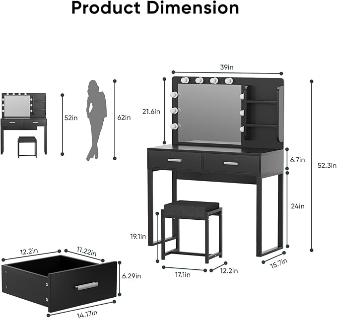 Makeup Vanity Desk with Lights,Black Vanity with Lighted Mirror,Vanity Desk with 2 Storage Drawers,Vanity Set with Bench