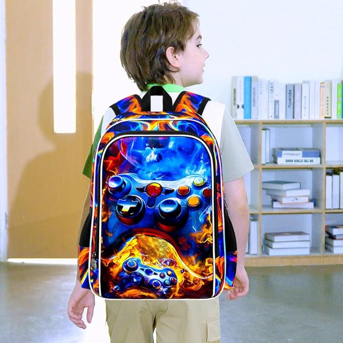 17" Gamer Backpack for Boy, 3Pcs Fire Bookbag for Elementary Preschool Kindergarten, Kids School Backpacks with Lunch Box (Red)