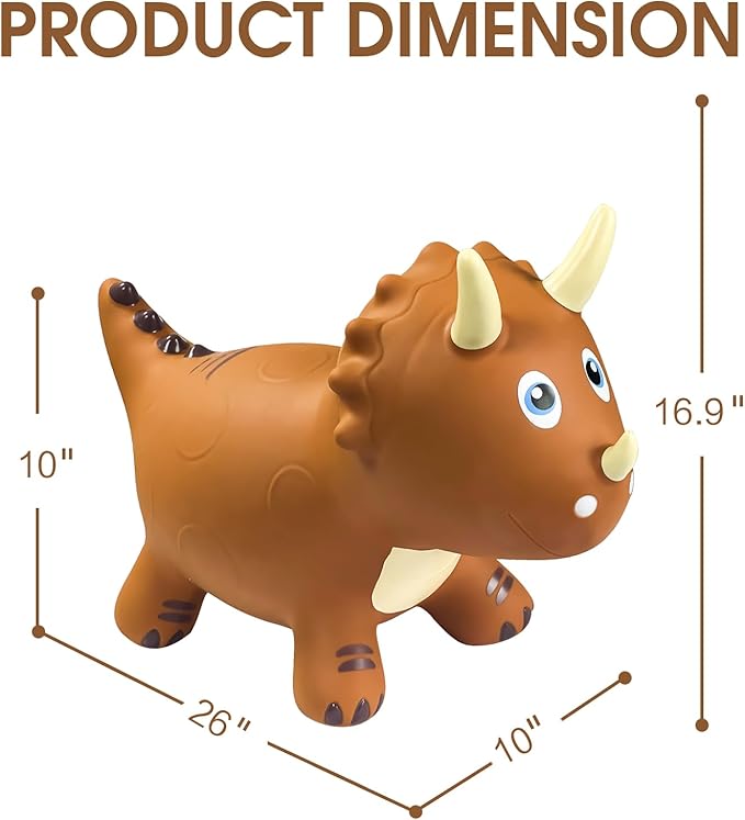 HotMax Dinosaur Bouncy Hopper Toys, Inflatable Ride on Bouncy Animals, Triceratops for Kids, Birthday Gift for 18 Months - 4 Year Old Boy or Girl (Brown)