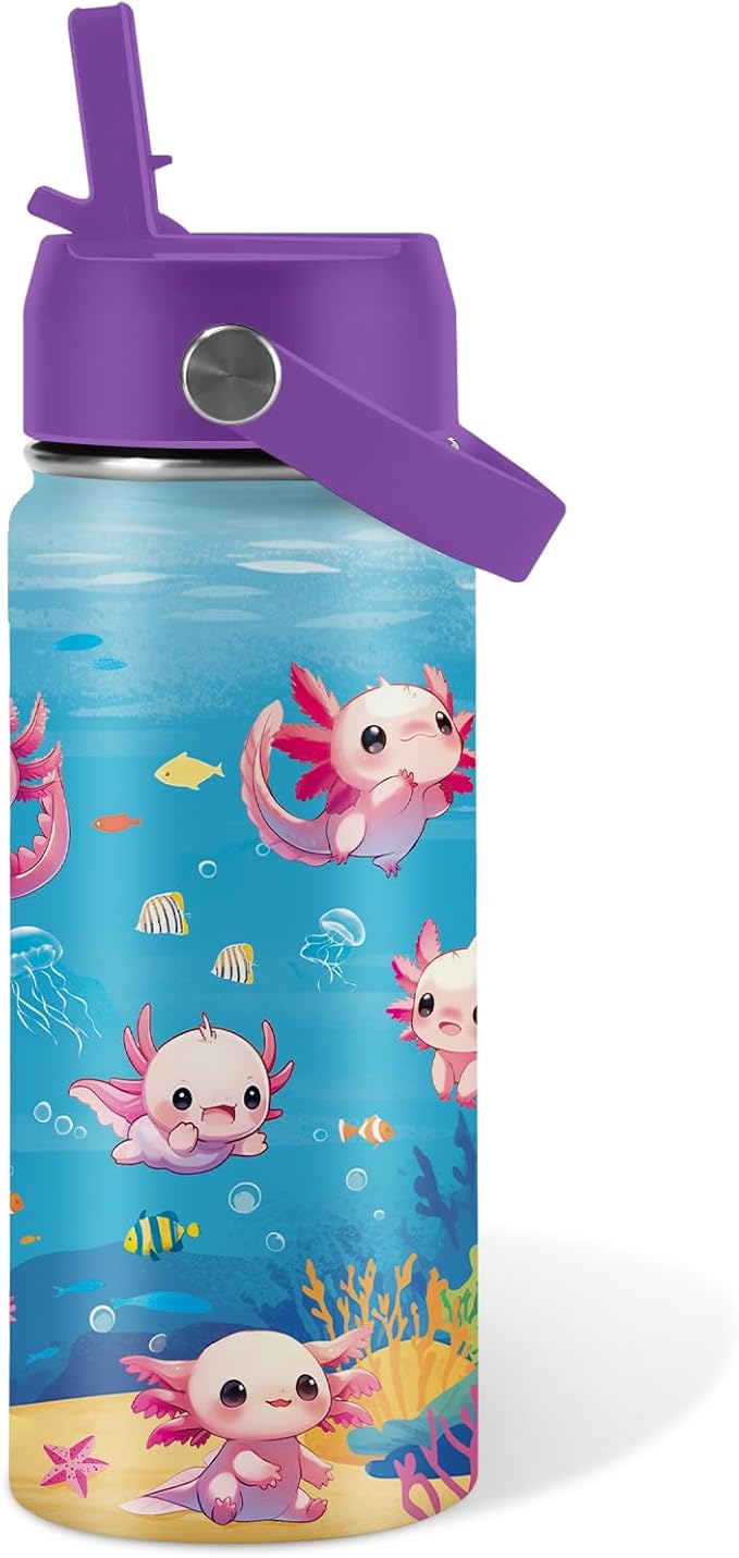 Axolotl Gifts for Girls 16 oz Kids Water Bottle with Straw Lid, Stainless Steel Insulated Tumbler, Leak Proof, BPA-Free,Adorable Ocean Animal Mug Cup for Sports,Travel Children Birthday Gifts (1pc)