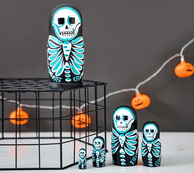 Skull Nesting Dolls Wooden Matryoshka Russian Doll Handmade Stacking Toy Set 5 Pieces for Kids