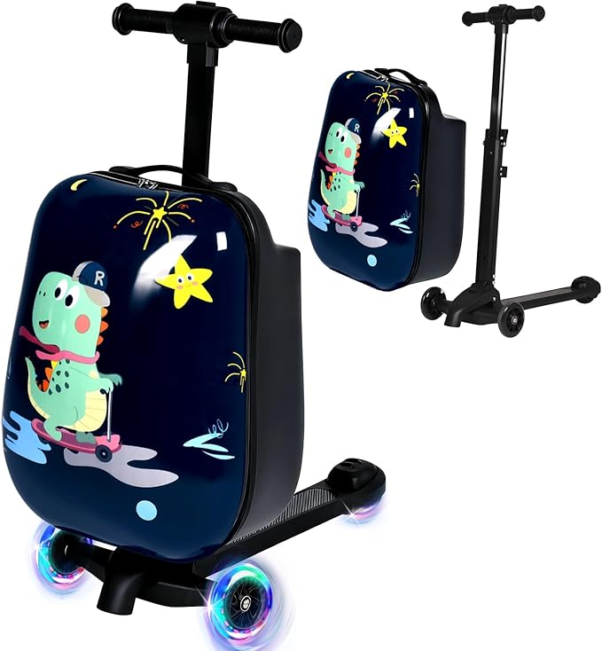 smilesun 4-in-1 Detachable Scooter Luggage for Kids & Teens, Hardside Ride-On Suitcase with Dinosaur Design, Lightweight Foldable, Perfect Travel Gift for Boys(Navy Blue 22-inch)