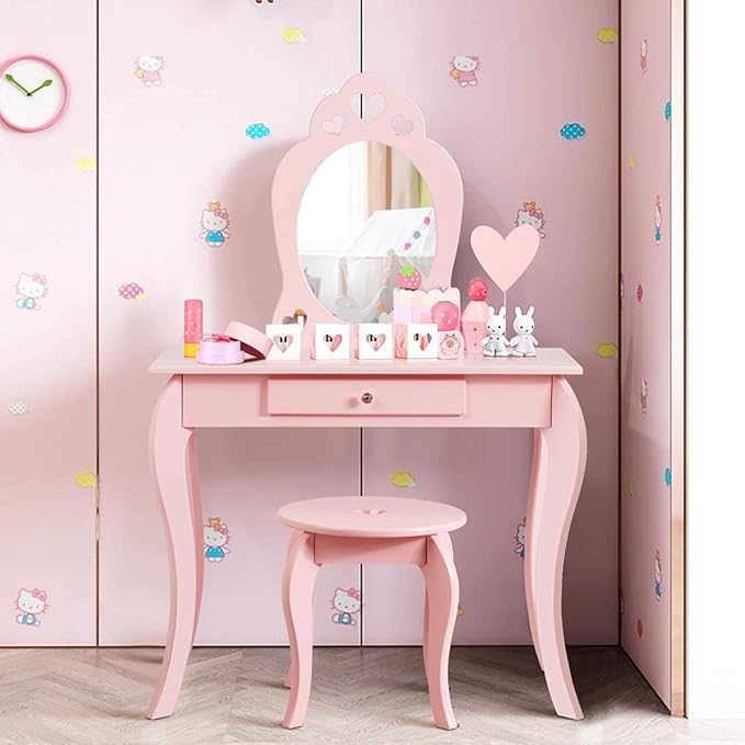 HONEY JOY Kids Vanity Set with Mirror, Toddler Wooden Vanity Table with Stool & Drawer, Removable Top, Princess Pretend Play Beauty Makeup Dressing Table Playset for Little Girls(Pink)