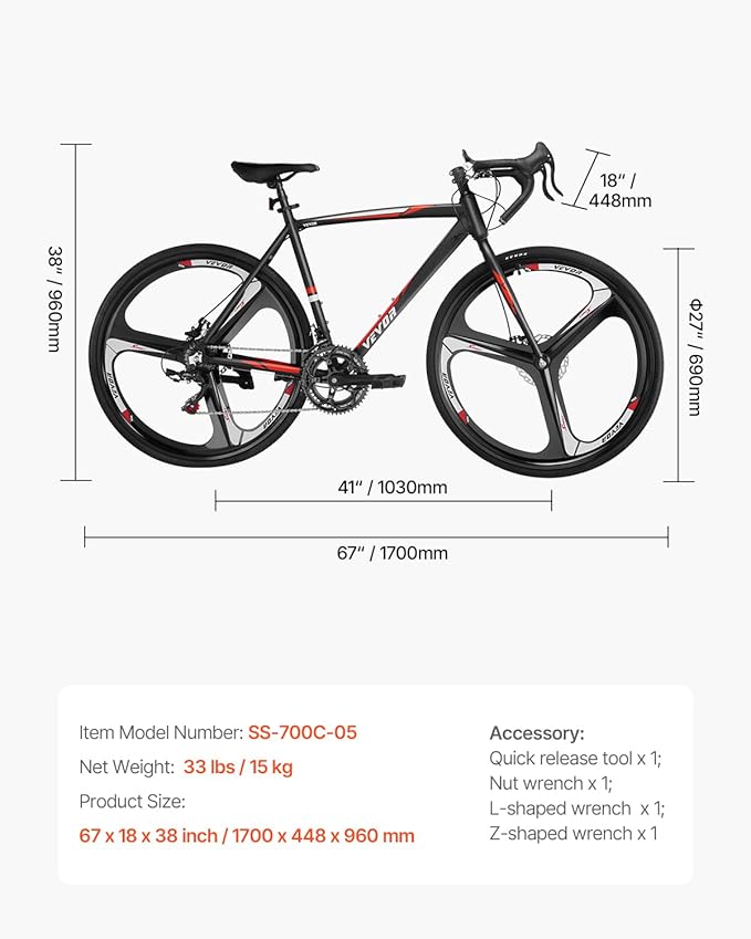 VEVOR Road Bike, 700C Wheels Racing Bike, Shimano Drivetrain City Commuter Road Bicycle, Urban Adult Sport Bicycle with Drop Bar, for Men and Women