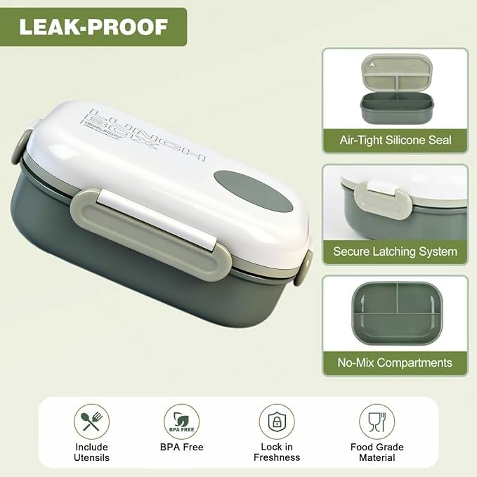 Lunch Box for Women & Adults - Kid-Friendly 37.2oz 3-Compartment Bento Box with Thick Insulated Lunch Bag, Leak-Proof with Sauce Container, Built-in Utensil Set, Dishwasher Safe (Green)