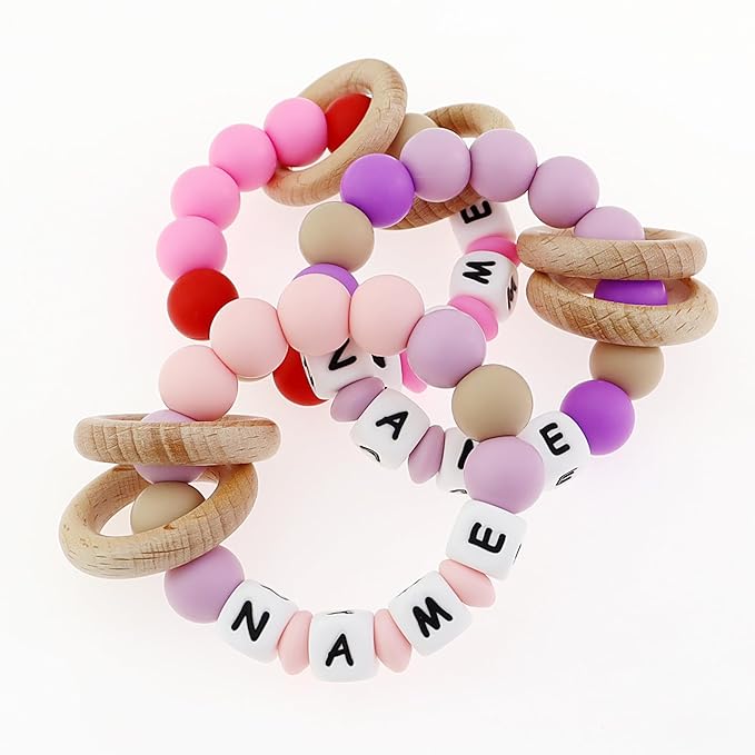 Personalized Baby Rattle Teether with Name, Customized Grasping Activity Shaker Grab Rattles, Early Educational Toys with Wood Teething Rings for Newborn Infant Toddler (Light Grey)