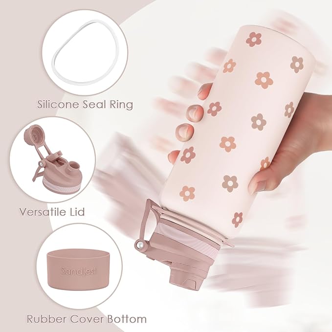 SANDJEST Beige Daisy Stainless Steel Water Bottle with Strap 32oz, Insulated Bottles with Straw and Spout Lid for Gym Sports Travel Outdoor, Gifts for Women Girls Birthday Christmas