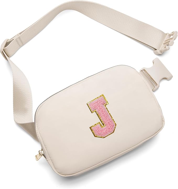 Gitus Belt Bag Fanny Pack Crossbody Bags with Initial Letter Patch Cute Stuff Birthday Gifts for Teenager Girls Trendy Preppy Stuff for Teen Girls(Beige-J)
