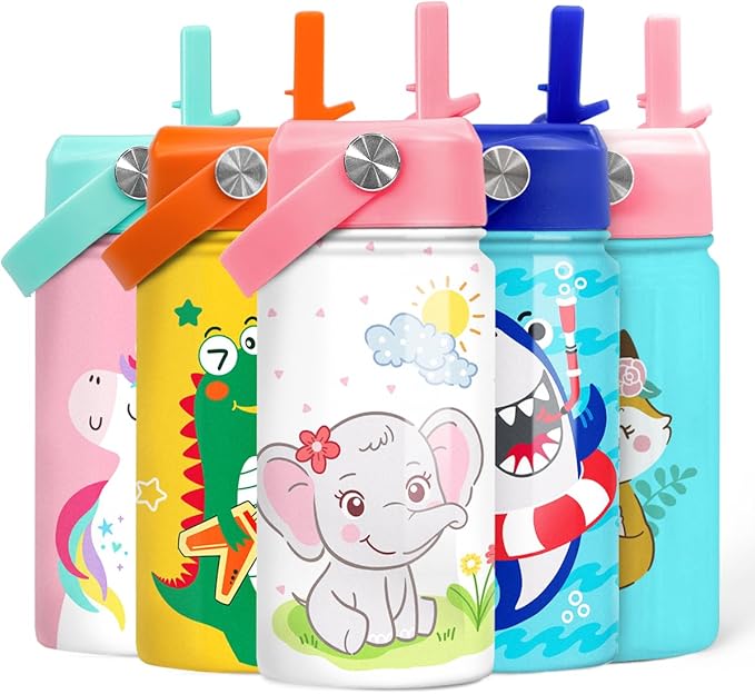 Elephant Water Bottle - Kids Water Bottle with Straw Lid - 12 Oz Insulated Stainless Steel Water Bottles for Kid Girl - Travel Cup for School Sports