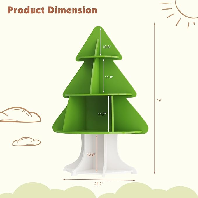 Christmas Tree Shelf Kids Bookshelf Toddler Bookcase 4-Tier Baby Book Rack Children Toy Storage Organizer Wood Display Shelf Nursery Playroom Bedroom Classroom School Homeschooling Boy Girl Gift