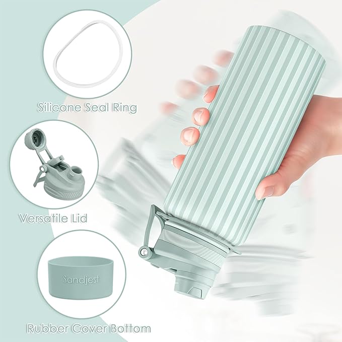 Stripe Stainless Steel Water Bottle with Strap 32oz, Insulated Bottles with Straw and Spout Lid for Gym Sports Travel Outdoor, Gifts for Women Girls Birthday Christmas