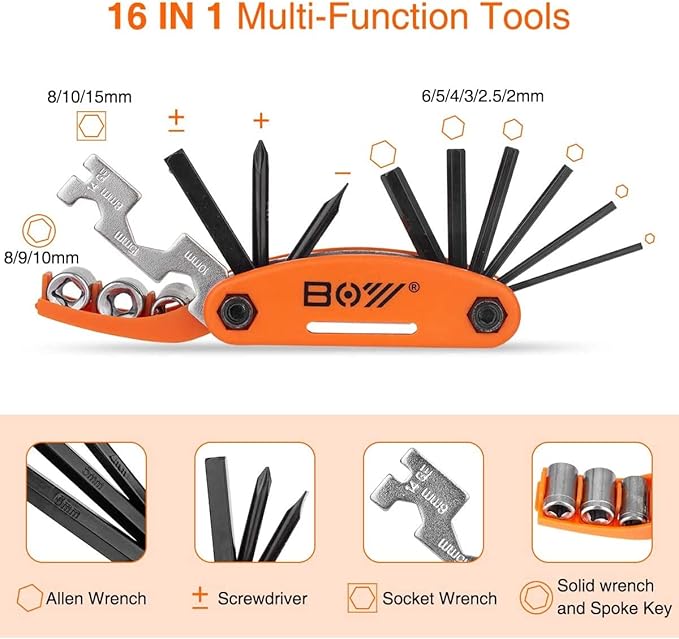 Bike Tool Kit Set, Portable Bike Repair Kit include 16 in 1 Multi Tool, 2 iron Tire Levers and 5 Pre-glued Patch Tire Patch, Metal Files, All in One Mini Tool Bag