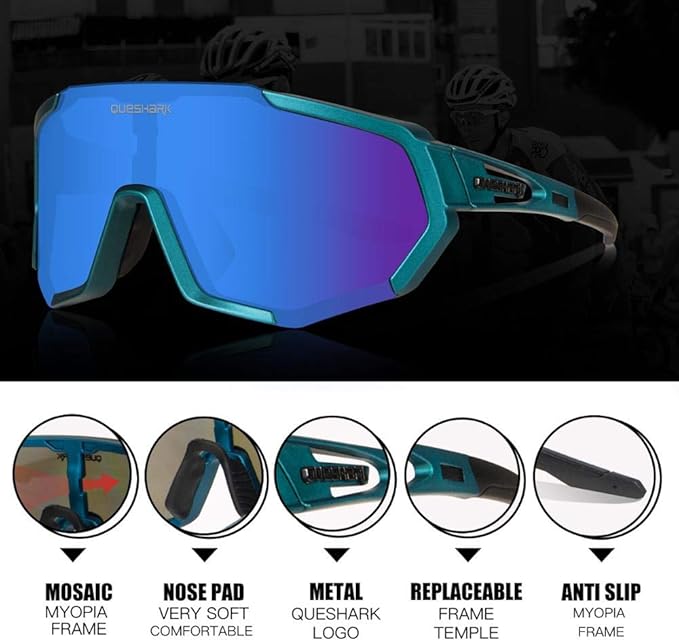 Queshark Cycling Glasses, Sports Sunglasses for Men Women, 1 Polarized 2 HD Lens, Polarized Sunglasses for Cycling Running
