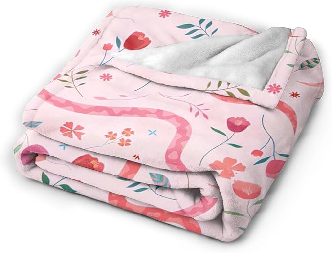 Cute Snake Reptile Blanket Ultra Soft Cozy Pink Flower Snake Throw Blanket Fleece Fuzzy Plush Bedding Blanket Real Snake Lovers Gifts for Women Girls Kids Adults Couch Sofa 60"x50"