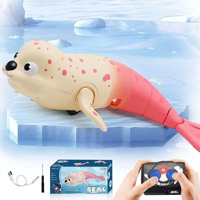 Pool Toys Amphibious Remote Control Seal on Land Water 2.4Ghz Rechargeable Battery Remote Control Shark for Pool Robot Toys for Kids 8-12 Years Old Boys Girls 8,9,10 Upgrade Version Pink