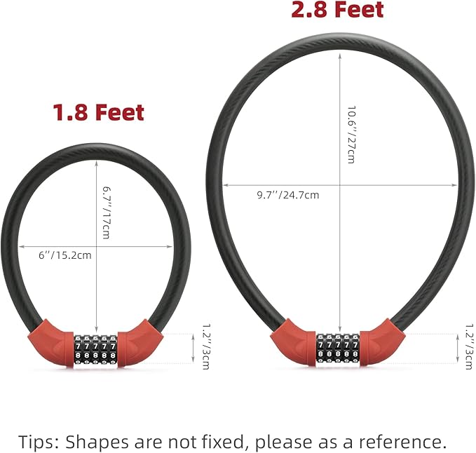 ROCKBROS Bike Lock 5 Digit Cable Lock Lightweight Bicycle Lock Bike Lock Combination Portable Lock for Bike 22inch Red