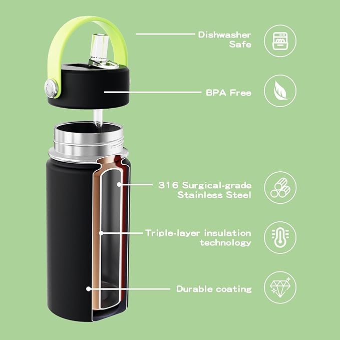 OISIZ Kids Water Bottle with Straw Lid 14oz, Vacuum Insulated 316 Stainless Steel Water Bottles for Kids for School, Leakproof Water Bottle, BPA Free and Keep Cold for 24 Hours