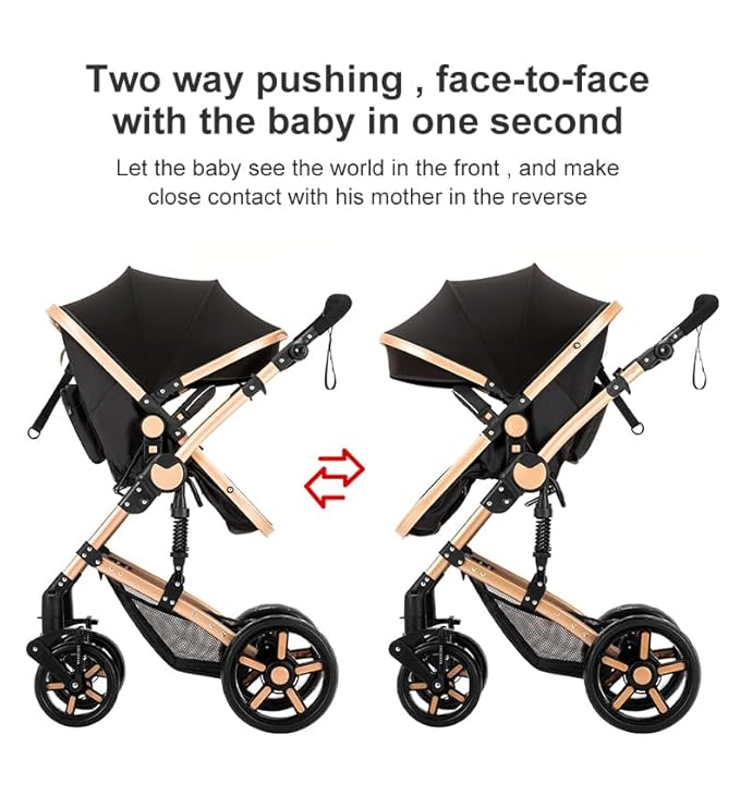 2 in 1 Baby Stroller with Bassinet Mode, Reversible Infant Pram, One-Click Folding, Newborn Travel Stroller, Convertible Toddler Standard Pram Carriage (2US588-BLACK)