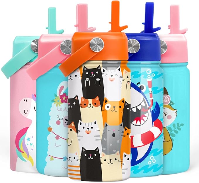 Cat Water Bottle - Kids Water Bottle with Straw Lid - 12 Oz Insulated Stainless Steel Water Bottles for Kid Boys Girl - Travel Cup for School Sports