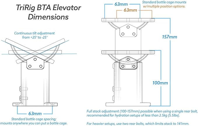TRIRIG - BTA Elevator - Between The Arms (BTA) Adjustable Hydration Bike Mount Setup - Universal Compatibility with Standard Water Bottle Cage Spacing, T6-6061 Alloy and Multi-Bottle System Capacity