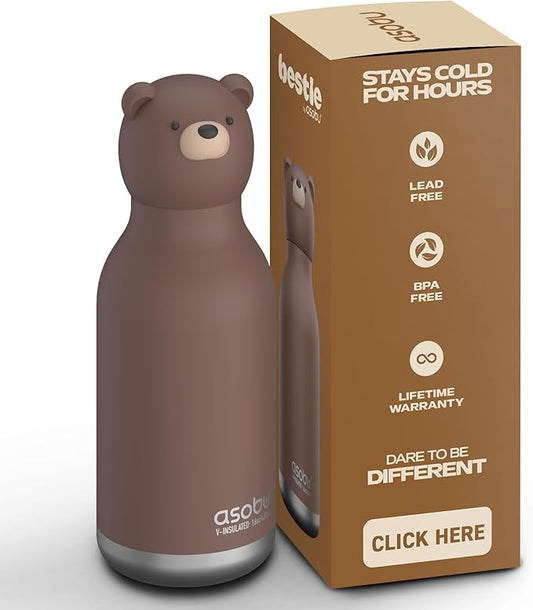 asobu Bestie Bottle Insulated Stainless Steel Water Bottle with Detachable Soft Animal Head Fun Drinking For Kids and Teens with Flexible Reusable Straw 16 Ounce (Brown Bear)
