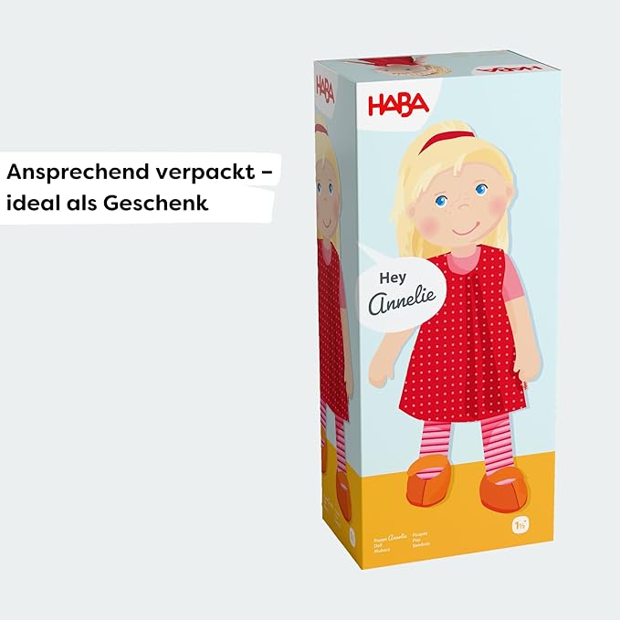 HABA 12" Soft Baby Doll Annelie with Blonde Hair, Embroidered Face, Removable Red Dress and Matching Hairband - Washable Toddler Doll for 18 Months+