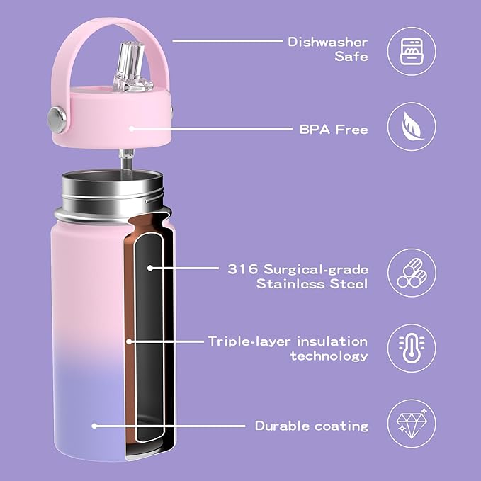 OISIZ Kids Water Bottle with Straw Lid 14oz, Vacuum Insulated 316 Stainless Steel Water Bottles for Kids for School, Leakproof Water Bottle, BPA Free and Keep Cold for 24 Hours