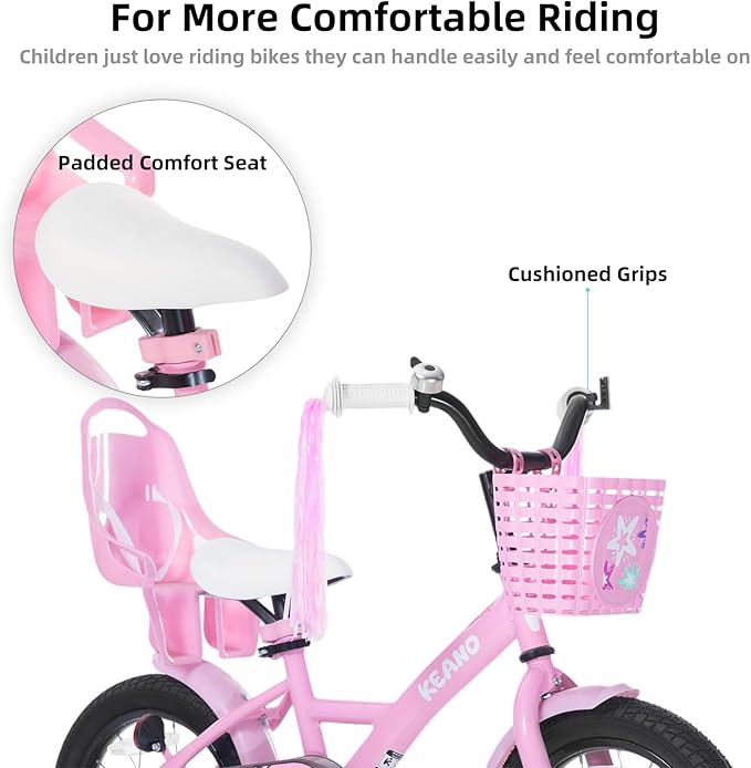 KEANO Zinnia 14 16 20 Inch Kids Bike for Girls Ages 3-10 Years, Girls' Bikes with Training Wheels, Streamers, Basket and Doll Seat, Children Bicycles