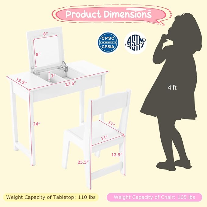 Costzon Kids Vanity, 2 in 1 Girls Vanity Set with Flip Top Mirror, Hidden Storage Space, Wooden Toddler Makeup Vanity Desk Dressing Table, Kids Vanity Table and Chair Set (White)