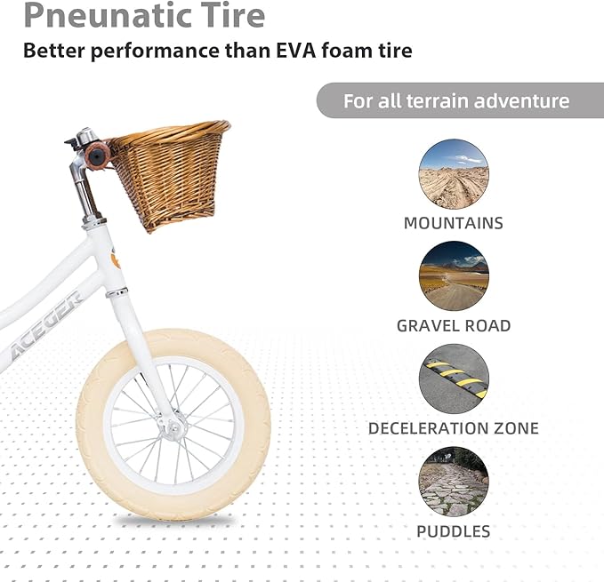 ACEGER 12" Kids Balance Bike with Basket, Toddler Bicycle for Early Learning Leg Strength and Steady Balancing, Durable Frame&Tool-Free Adjustable Seat, Gift Bike for 2-5 Kids, No Brake