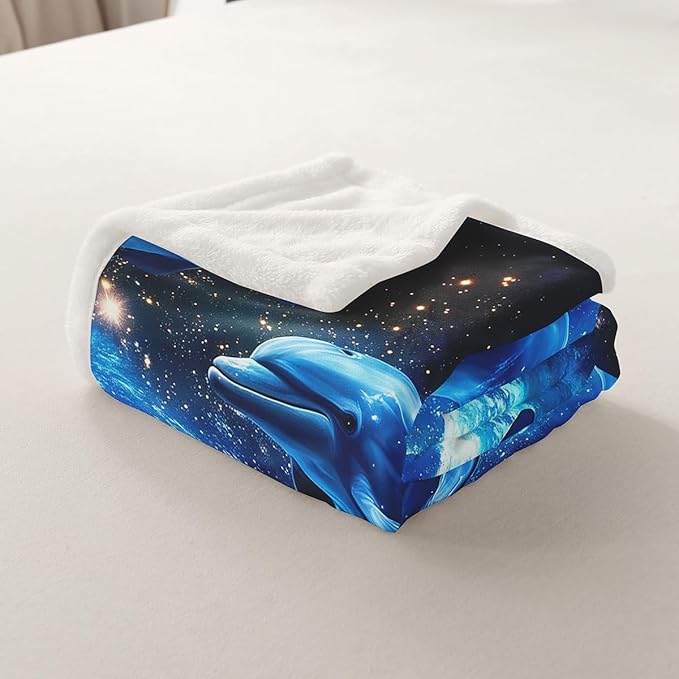 Galaxy Fleece Throw Blanket - Dolphin Sherpa for Sofa, Couch, Bed - Outer Space Psychedelic Swirl Plush - Ocean Marine Themed Blue Bright Fuzzy - Bedroom Decor - 50x60 Inch