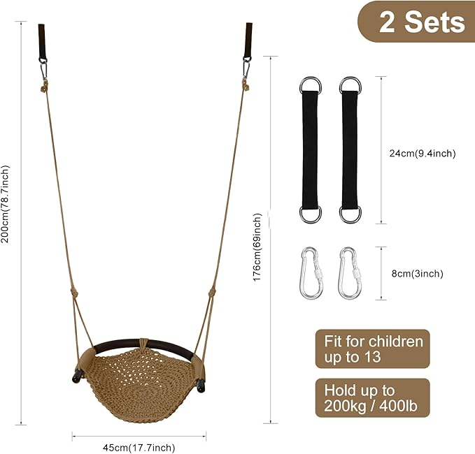 JKsmart 2 Pack Kids Swing Seat, Heavy Duty Rope Play Secure Children Swings Set, Toddler Swing Chair for Outdoor/Indoor/Playground/Home/Tree, with Snap Hooks and Straps,440 lbs Capacity, Brown