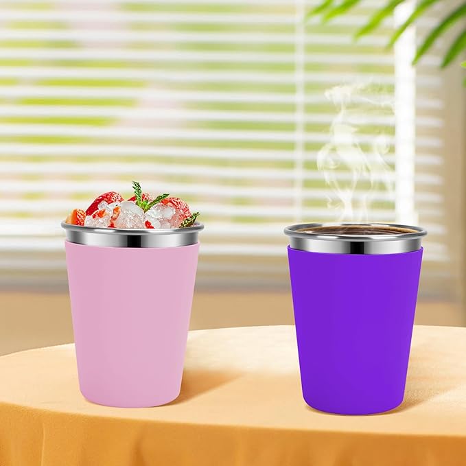 Stainless Steel Kids Cups with Lids and Straws Leakproof, 2 Pack 12oz Spill Proof Cups for Toddlers Kids Tumblers Unbreakable Sippy Cup with Straws for School, Outdoor (Pink & Purple)