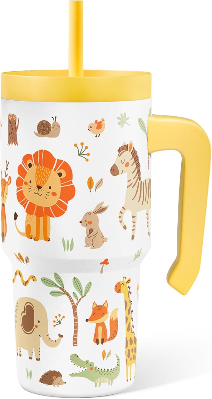 Jungle Animal Tumbler 20oz with Handle and Silicone Straw Lid for Kid, Insulated Stainless Steel Cup, Gift for Kids Boys, Gifts Idea for Birthday Christmas Back to School