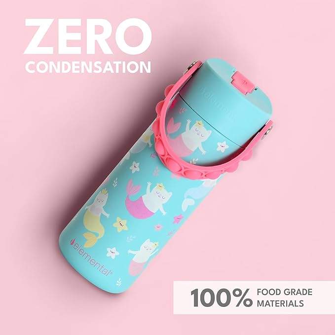 Elemental Insulated Kids Water Bottle, Stainless Steel Water Bottle with Straw Lid & Pop-It Handle, Leak-Proof Water Bottles for School, Boys or Girls, Travelling and Sports, 18oz - Meowmaid