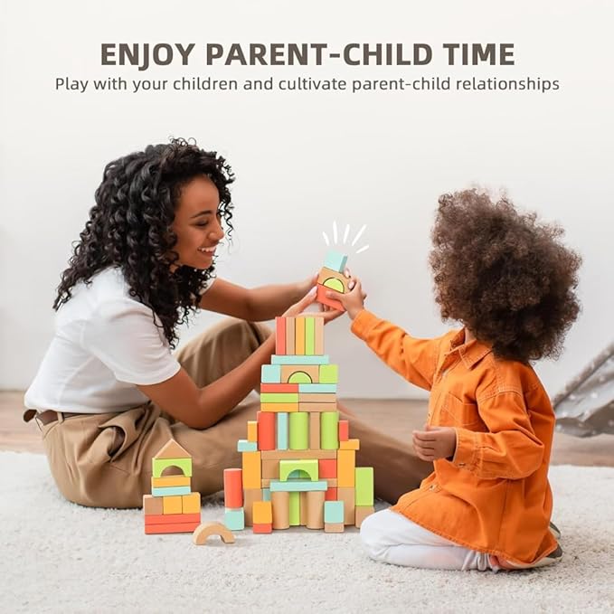 Pidoko Kids 100pcs Building Blocks for Toddlers 1-3, Wooden Blocks for Kids with Storage Bucket and Shape Sorter Lid Montessori Toys for 1 2 3 Year Old, Learning Toys for Preschool Girls and Boys